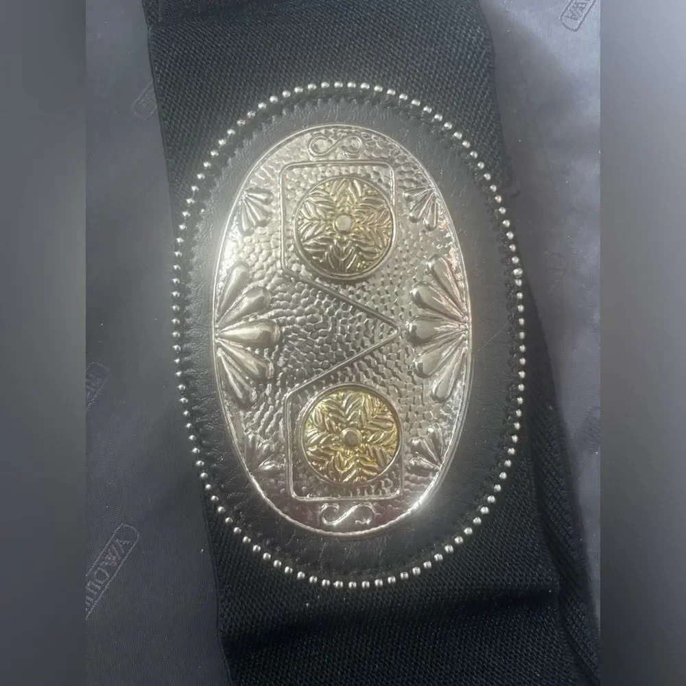 Vintage cowboy stretch belt wide dress suit accessory western silver buckle y2k